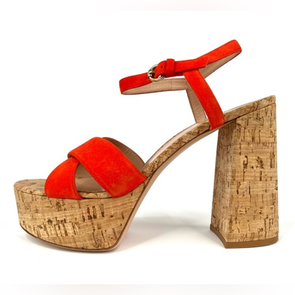 Gianvito Rossi Orange Suede & Cork Platform Ankle Strap Heel Sandals Size EU 42